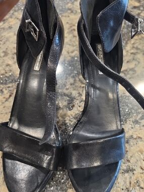 BCBG Black Leather Open-Toe Ankle Strap Heels